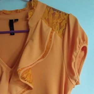 Bright Orange Ruffle Blouse w/lace shoulders